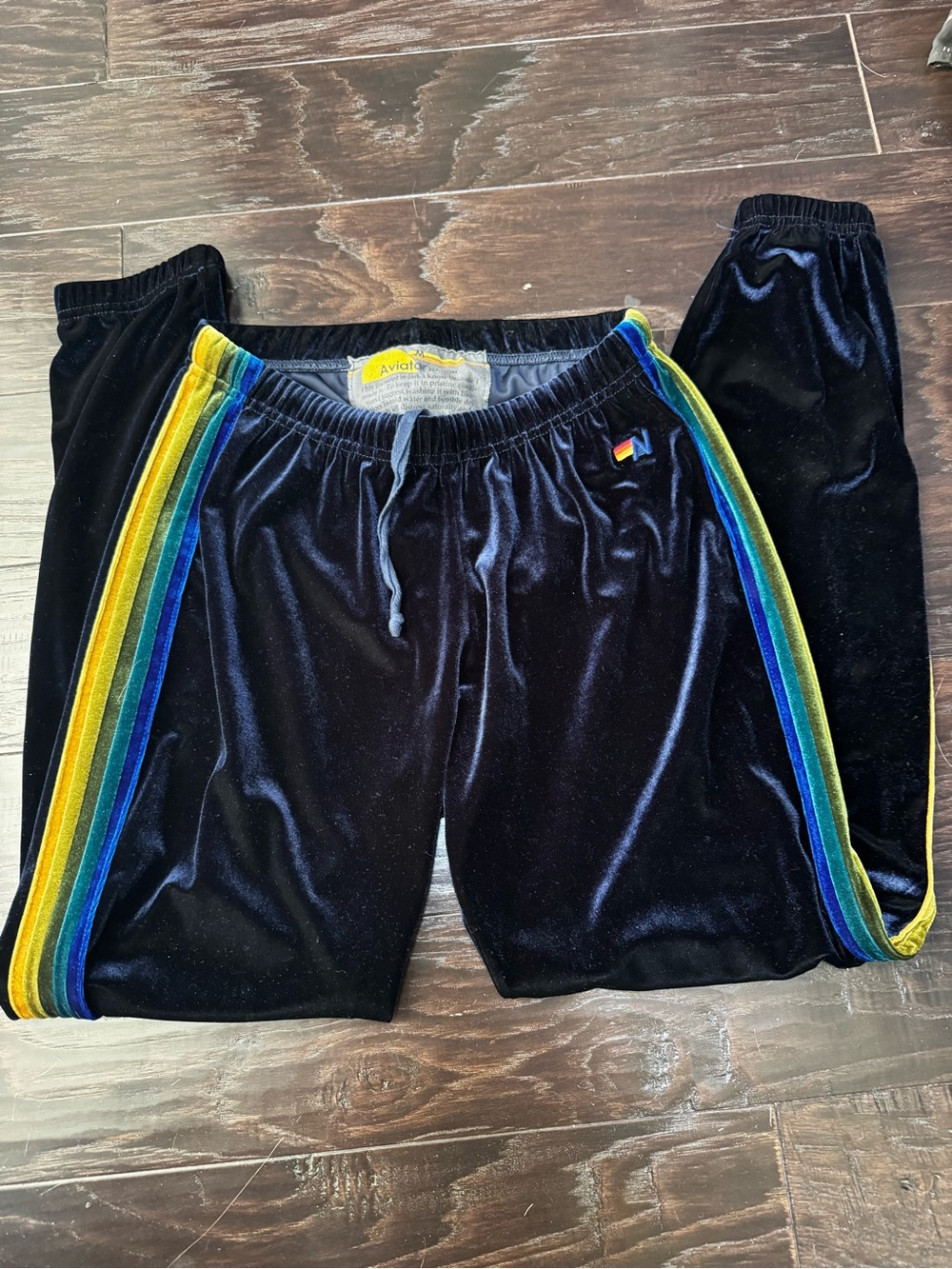Aviator Nation Dark Blue Velvet Track Pants with Rainbow Side Stripes. Size M